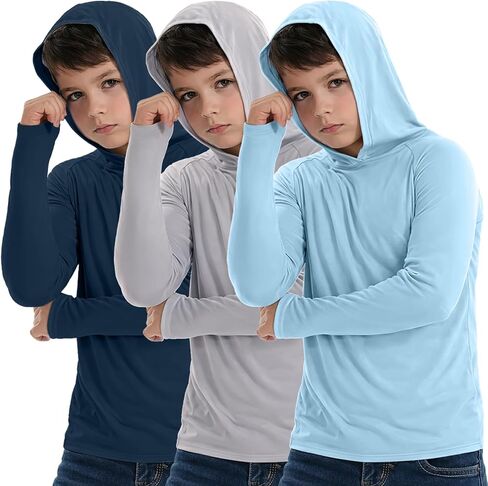 Boys' Hoodie Rash Guard Shirt UPF 50+, 3 Pack Long Sleeve Sun Protection Swim Tee Quick Dry, Lightweight Performance Top in Saudi Arabia