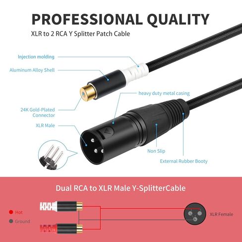 كابل تصحيح مقسم XLR ذكر إلى 2 RCA Y بطول 1 قدم، محول كابل صوت XLR ذكر إلى ثنائي غير متوازن RCA أنثى لخلاط ميكروفون مكبر الصوت - 1 قدم in Kuwait