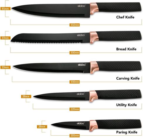 elabo 6 Piece Kitchen Knife Set – Premium Stainless Steel Knife Set with Block, Knives Set for Kitchen, Sharp Knife Block Set with Non-Stick Coating, Dishwasher Safe, Space-saving, Rose Gold in Saudi Arabia