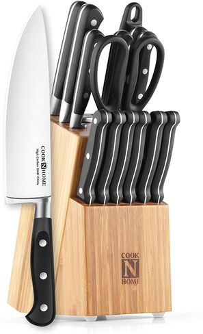 Cook N Home Kitchen Knife Set with Bamboo Storage Block 15-Piece, High Carbon Stainless Steel Blade, Black in Saudi Arabia
