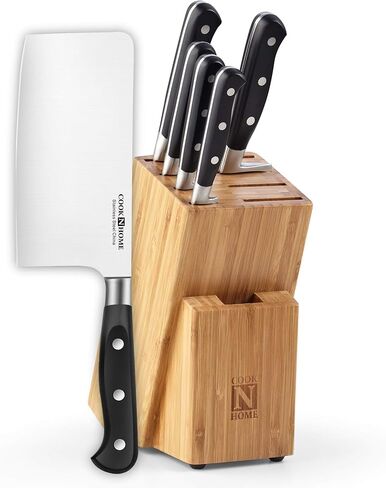 Cook N Home Kitchen Knife Set with Bamboo Storage Block 15-Piece, High Carbon Stainless Steel Blade, Black in Saudi Arabia