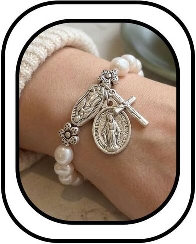 Cross Pearl Bracelet for Women Catholic Flower Rosary Bracelet Silver Bracelets Pendant Statement Trendy Bracelets Jewelry Gifts for Women in Saudi Arabia