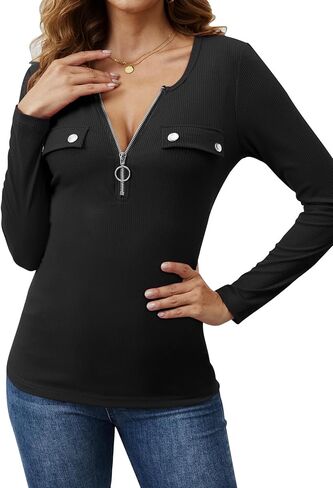 KINGFEN Women's Long Sleeve Shirts Tunic Slim Fit Low Cut Sexy Tops Button Zipper V Neck Ribbed Knit Blouse in Saudi Arabia
