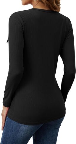 KINGFEN Women's Long Sleeve Shirts Tunic Slim Fit Low Cut Sexy Tops Button Zipper V Neck Ribbed Knit Blouse in Saudi Arabia