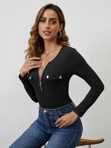 KINGFEN Women's Long Sleeve Shirts Tunic Slim Fit Low Cut Sexy Tops Button Zipper V Neck Ribbed Knit Blouse in Saudi Arabia
