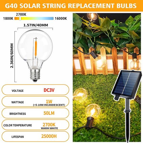 مصابيح بديلة للطاقة الشمسية G40 LED، 1 وات تساوي 5 وات، قاعدة لولبية بلاستيكية E12 مقاومة للكسر ومقاومة للماء للأضواء الخارجية، ديكور مقهى البيسترو في الفناء، تيار مستمر 3 فولت، 2700 كلفن أبيض دافئ، 25 حزمة in Kuwait