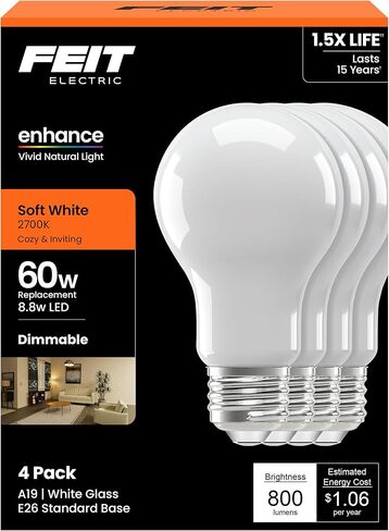 لمبة إضاءة LED كهربائية A19 من Feit، ما يعادل 60 وات، 8.8 وات، أبيض ناعم 2700 ك، 800 لومن، سلسلة تعزيز 90+ CRI، متعددة الاتجاهات، عمر 17,000 ساعة، A1960/927CA/FIL/4، 4 عبوات in Kuwait
