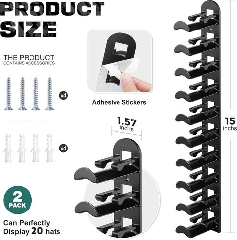 Hat Hook for Wall, 2 Pack Hat Organizer Hold up to 20 Hats,Hat Holder with Strong Adhesive and 8 Pack Screws, Cap Holder Hat Hangers for Wall Closet Door and Bedroom(B-Black) in Saudi Arabia