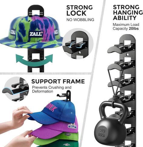 Hat Hook for Wall, 2 Pack Hat Organizer Hold up to 20 Hats,Hat Holder with Strong Adhesive and 8 Pack Screws, Cap Holder Hat Hangers for Wall Closet Door and Bedroom(B-Black) in Saudi Arabia