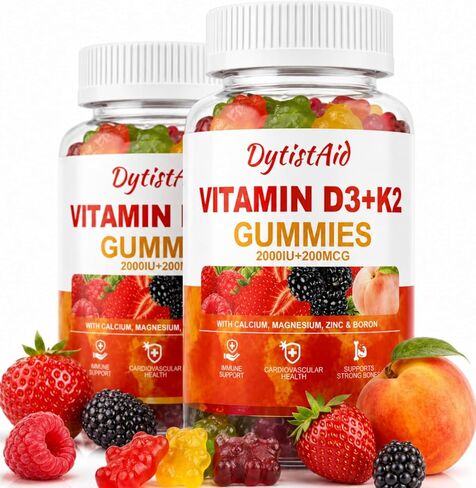 Vitamin D3 + K2 Gummies 2000 IU with Calcium + K2 (MK-7), Magnesium Citrate, Vitamin C, Zinc & Boron – Bone, Heart & Immune Support – Vegan, Non-GMO, Gelatin-Free, Sugar-Free Supplement, 60 Gummies in Kuwait