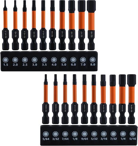 طقم لقم مثقاب سداسي الرأس Impact Hex Head Allen 20 قطعة (متري وSAE) 1/4 بوصة مجموعة لقم سداسية فولاذية S2 ذات ساق سداسي، مفتاح ألين مغناطيسي 2 بوصة مفك براغي طويل in Kuwait
