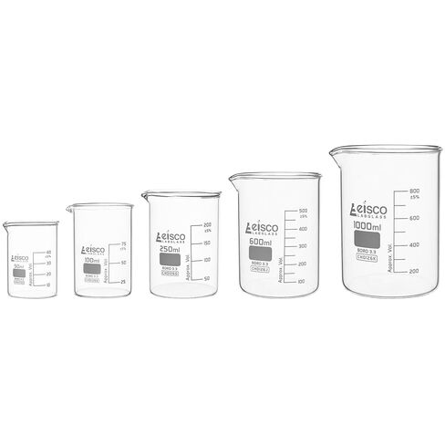 Eisco Labs - مجموعة أكواب زجاجية بوروسيليكات ممتازة - 50 مل، 100 مل، 250 مل، 600 مل، 1000 مل - شكل منخفض، تخرج أبيض، أواني زجاجية متينة ومقاومة للحرارة والمواد الكيميائية للقياس والخلط والتجارب in Kuwait