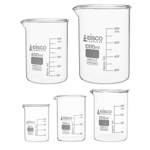 Eisco Labs - مجموعة أكواب زجاجية بوروسيليكات ممتازة - 50 مل، 100 مل، 250 مل، 600 مل، 1000 مل - شكل منخفض، تخرج أبيض، أواني زجاجية متينة ومقاومة للحرارة والمواد الكيميائية للقياس والخلط والتجارب in Kuwait