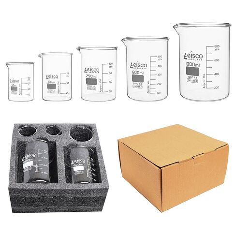 Eisco Labs - مجموعة أكواب زجاجية بوروسيليكات ممتازة - 50 مل، 100 مل، 250 مل، 600 مل، 1000 مل - شكل منخفض، تخرج أبيض، أواني زجاجية متينة ومقاومة للحرارة والمواد الكيميائية للقياس والخلط والتجارب in Kuwait