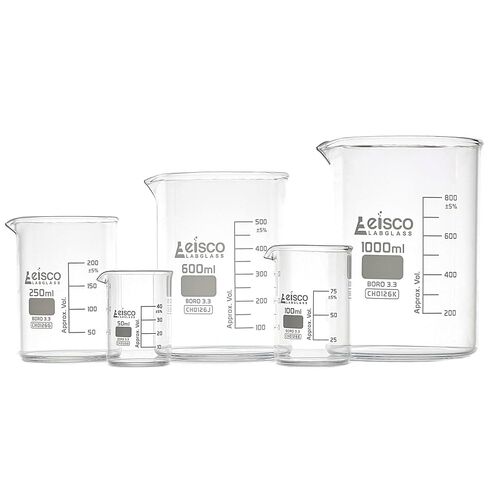 Eisco Labs - مجموعة أكواب زجاجية بوروسيليكات ممتازة - 50 مل، 100 مل، 250 مل، 600 مل، 1000 مل - شكل منخفض، تخرج أبيض، أواني زجاجية متينة ومقاومة للحرارة والمواد الكيميائية للقياس والخلط والتجارب in Kuwait