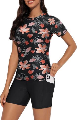 Women's 2 Piece Short Sleeve Rash Guard Swimsuits UPF 50+ Bathing Suit with Boyshorts with Pockets in Kuwait
