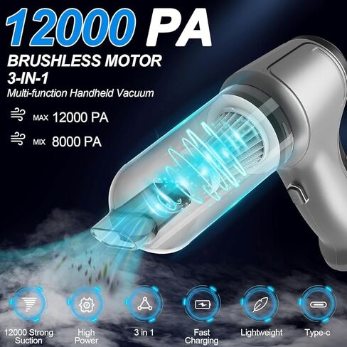 Mini Handheld Vacuum Cleaner Cordless - Car Vacuum Portable Rechargeable with High Power Brushless Motor 12000 PA Strong Suction 3 in 1 Mini Hand Vacuum (Grey) in Kuwait