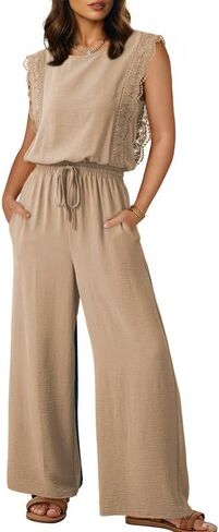 Dokotoo Womens Jumpsuits Crewneck Lace Cap Sleeve Drawstring High Waist Wide Leg Casual Rompers with Pockets in Saudi Arabia