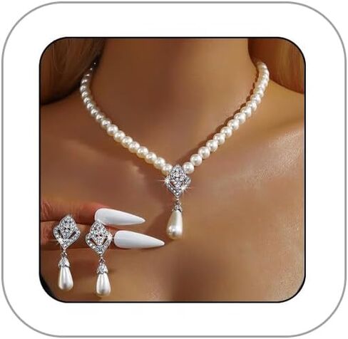 Pearl Necklace and Earring Set for Women,Pearl Jewelry Set Fake Pearls Necklace Imitation Beaded Collar de Perlas Para Mujer Necklaces for Prom Bridesmaid Costume Accessories in Saudi Arabia