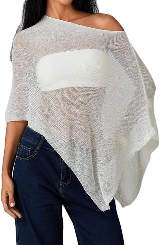 Womens Summer Sheer Poncho Top Crochet Mesh See-through Shawl Top Beach Cover-up Vacation Outfit in Saudi Arabia