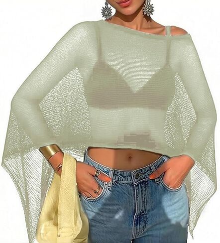 Womens Summer Sheer Poncho Top Crochet Mesh See-through Shawl Top Beach Cover-up Vacation Outfit in Saudi Arabia
