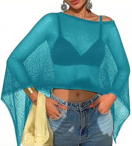 Womens Summer Sheer Poncho Top Crochet Mesh See-through Shawl Top Beach Cover-up Vacation Outfit in Saudi Arabia