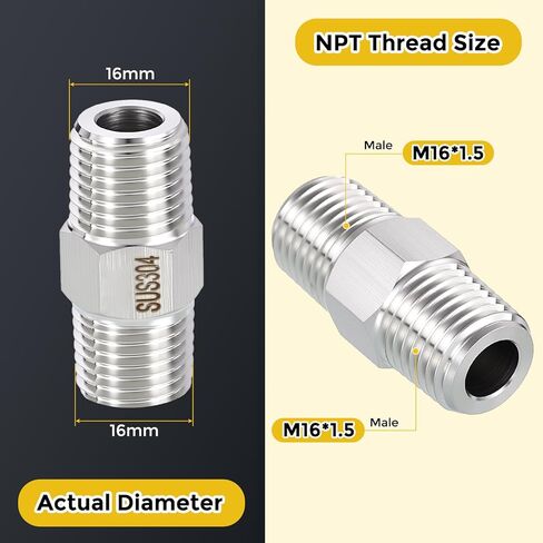 METALLIXITY 1 قطعة M16-1.5 ذكر x M16-1.5 ذكر الموضوع 304 سداسية من الفولاذ المقاوم للصدأ الحلمات تمديد محول لحوض صنبور/دش in Kuwait