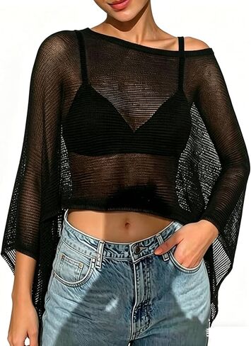 Womens Summer Sheer Poncho Top Crochet Mesh See-through Shawl Top Beach Cover-up Vacation Outfit in Saudi Arabia