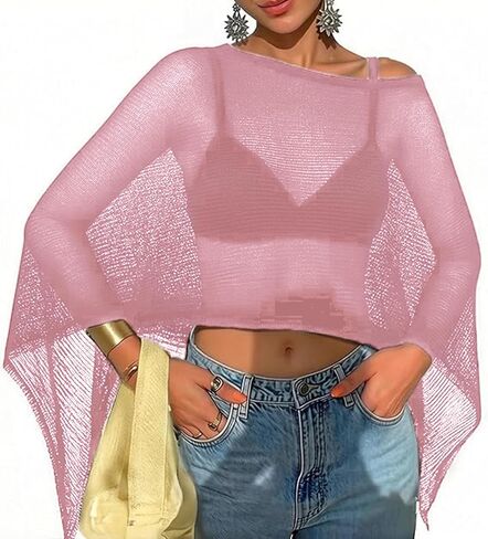 Womens Summer Sheer Poncho Top Crochet Mesh See-through Shawl Top Beach Cover-up Vacation Outfit in Saudi Arabia