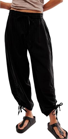 Aimiray برميل Sweatpants المرأة مرونة عالية الخصر واسعة الساق الكتان السراويل عادية فلوي الرباط برميل السراويل مع جيوب in Kuwait