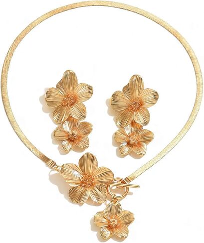 Gold Flower Earrings Necklace Bracelet Ring Set for Women Flower Earrings Necklace Set Floral Jewelry Sets for Brides Wedding Guest Dresses for Women in Saudi Arabia