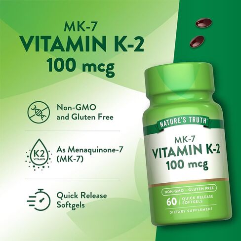 حقيقة الطبيعة فيتامين K2 MK-7 | 100 ميكروجرام | 60 كبسولة هلامية | مكمل غذائي غير معدّل وراثيًا وخالي من الغلوتين in Kuwait