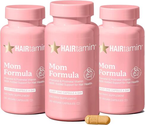 HAIRtamin MOM نباتي مكمل متعدد الفيتامينات قبل الولادة وبعدها وفيتامين للشعر أثناء الحمل، وبعد الولادة، والرضاعة الطبيعية، وفيتامينات شعر بروبيوتيك مرة واحدة في اليوم مع البيوتين والزنك والحديد (30 قطعة) in Kuwait