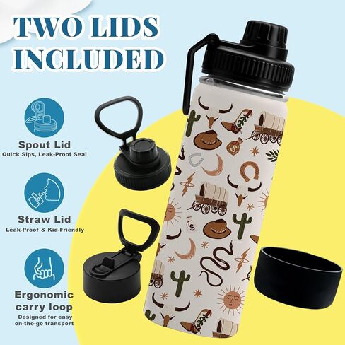 18oz Kids Water Bottle with Straw & 2 Lid, Western Cowboy Stainless Steel Water Bottle, Insulated, Leak Proof, BPA-Free, for School, Travel, Cowgirl Gift Cup for Boys Girls Birthday Gifts in Saudi Arabia