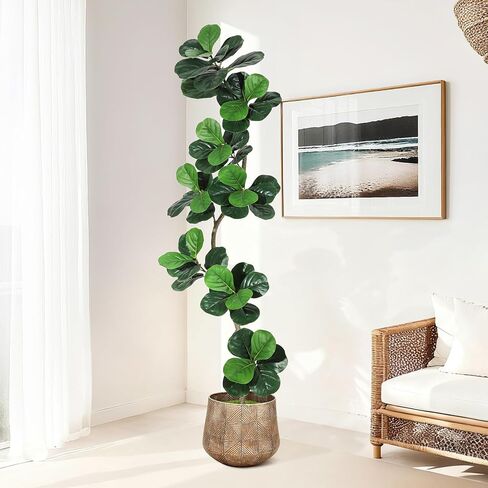 شجرة اصطناعية من GarveeHome Fiddle Leaf Fig مع زارع أبيض، نباتات صناعية بطول 6 أقدام في الداخل مع طحلب، نبات أرضي مزيف طويل القامة من المطاط في وعاء - أشجار صناعية لديكور غرفة المعيشة في المكتب المنزلي in Saudi Arabia