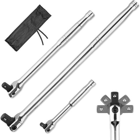 3PCS Breaker Bar Set, 3/8'', 1/4in, 1/2inch Breaker Bars with 180°Rotatable Head, Heavy Duty Breaker Bar Kit with 15 inch, 10 inch, 6 inch Length for Automobile and Motorcycle Maintenance and Repair in Kuwait