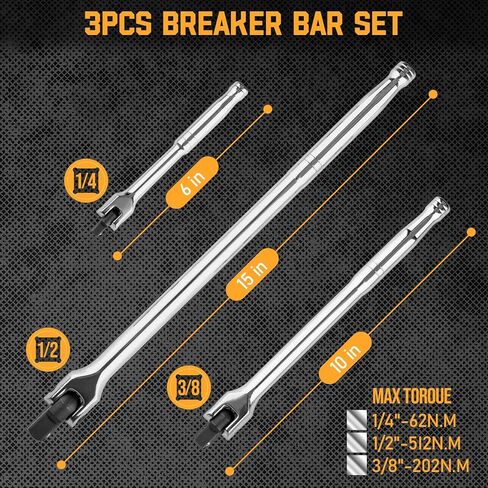 3PCS Breaker Bar Set, 3/8'', 1/4in, 1/2inch Breaker Bars with 180°Rotatable Head, Heavy Duty Breaker Bar Kit with 15 inch, 10 inch, 6 inch Length for Automobile and Motorcycle Maintenance and Repair in Kuwait