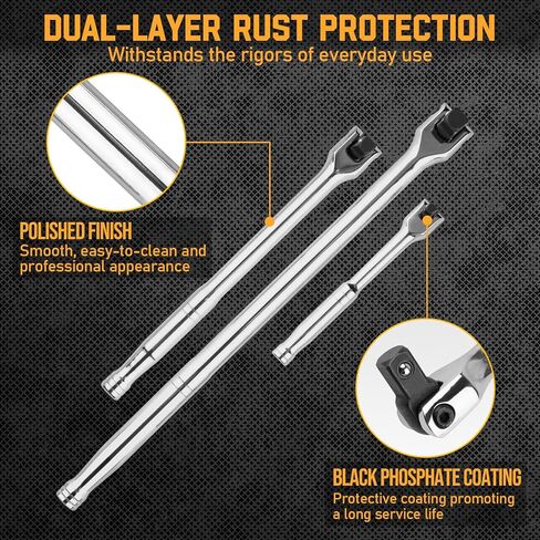 3PCS Breaker Bar Set, 3/8'', 1/4in, 1/2inch Breaker Bars with 180°Rotatable Head, Heavy Duty Breaker Bar Kit with 15 inch, 10 inch, 6 inch Length for Automobile and Motorcycle Maintenance and Repair in Kuwait