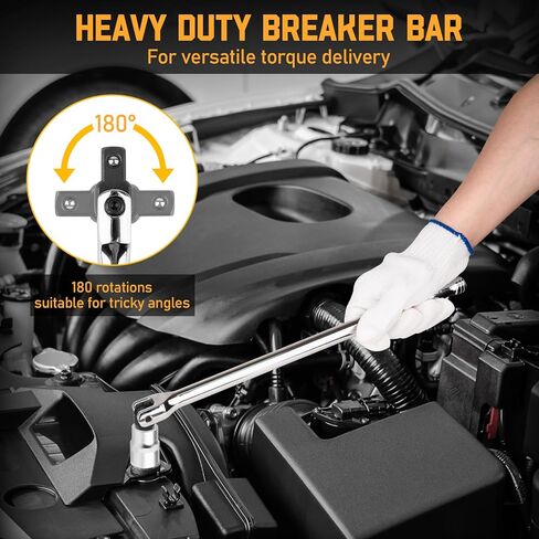 3PCS Breaker Bar Set, 3/8'', 1/4in, 1/2inch Breaker Bars with 180°Rotatable Head, Heavy Duty Breaker Bar Kit with 15 inch, 10 inch, 6 inch Length for Automobile and Motorcycle Maintenance and Repair in Kuwait