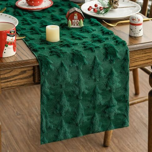 Artoid Mode Christmas Trees Green Soft Plush Faux Fur Jacquard Christmas Table Runner, Holiday Kitchen Dining Table Decoration for Home Party Decor 13x72 Inch in Kuwait