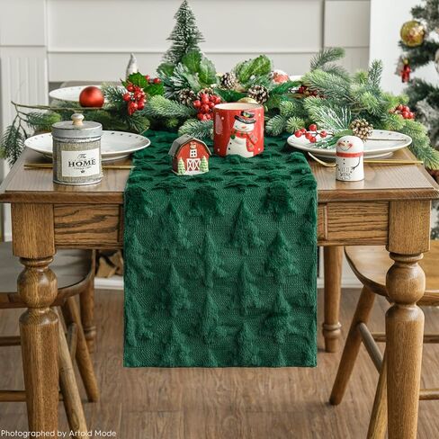 Artoid Mode Christmas Trees Green Soft Plush Faux Fur Jacquard Christmas Table Runner, Holiday Kitchen Dining Table Decoration for Home Party Decor 13x72 Inch in Kuwait