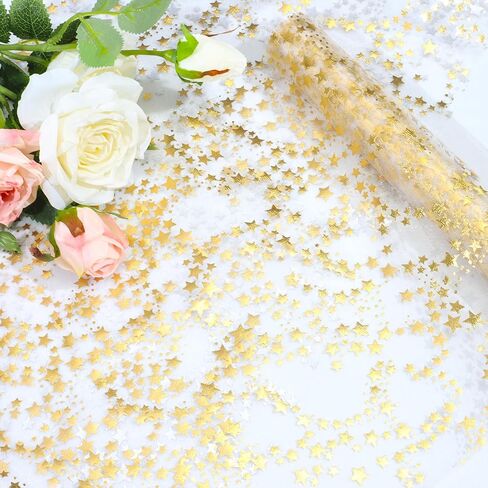 RUDONG M 3 Rolls Gold Star Table Runner, 16 Ft 11" Wide Sparkly Metallic Glitter Tulle Runner with Stars for Wedding, Christmas, Party Decor Centerpiece in Saudi Arabia