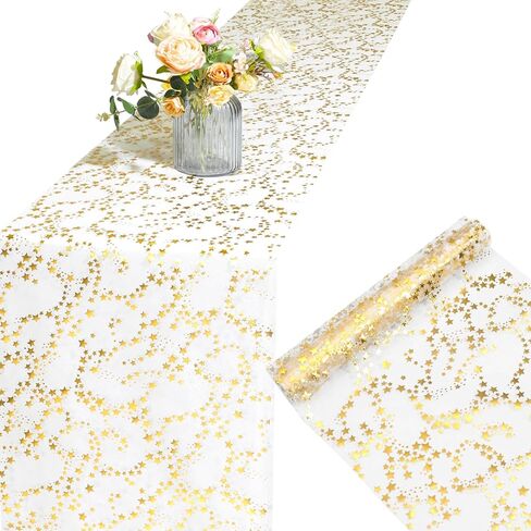 RUDONG M 3 Rolls Gold Star Table Runner, 16 Ft 11" Wide Sparkly Metallic Glitter Tulle Runner with Stars for Wedding, Christmas, Party Decor Centerpiece in Saudi Arabia