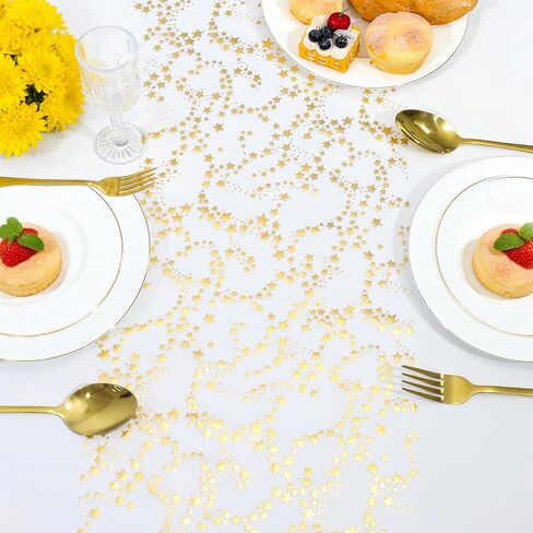 RUDONG M 3 Rolls Gold Star Table Runner, 16 Ft 11" Wide Sparkly Metallic Glitter Tulle Runner with Stars for Wedding, Christmas, Party Decor Centerpiece in Saudi Arabia