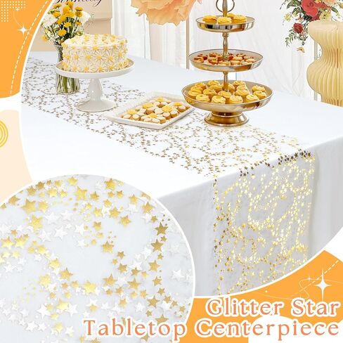 RUDONG M 3 Rolls Gold Star Table Runner, 16 Ft 11" Wide Sparkly Metallic Glitter Tulle Runner with Stars for Wedding, Christmas, Party Decor Centerpiece in Saudi Arabia