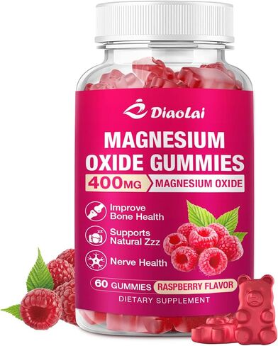 Magnesium Oxide Gummies 400mg for Nerve & Muscle Support - Chewable Supplement for Adults & Kids, Sugar-Free, Non-GMO, Raspberry Flavor, 60 Count in Kuwait