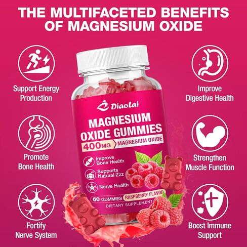 Magnesium Oxide Gummies 400mg for Nerve & Muscle Support - Chewable Supplement for Adults & Kids, Sugar-Free, Non-GMO, Raspberry Flavor, 60 Count in Kuwait