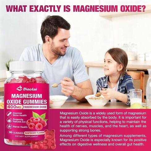 Magnesium Oxide Gummies 400mg for Nerve & Muscle Support - Chewable Supplement for Adults & Kids, Sugar-Free, Non-GMO, Raspberry Flavor, 60 Count in Kuwait