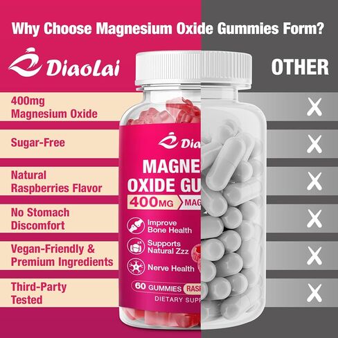 Magnesium Oxide Gummies 400mg for Nerve & Muscle Support - Chewable Supplement for Adults & Kids, Sugar-Free, Non-GMO, Raspberry Flavor, 60 Count in Kuwait