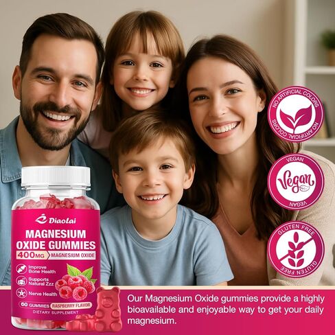 Magnesium Oxide Gummies 400mg for Nerve & Muscle Support - Chewable Supplement for Adults & Kids, Sugar-Free, Non-GMO, Raspberry Flavor, 60 Count in Kuwait